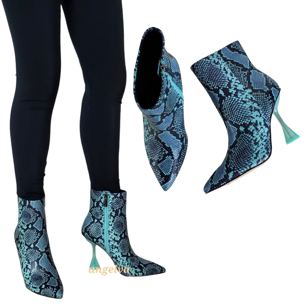 New Gianni bini fawlie snake print leather clear flared heel booties teal waters
